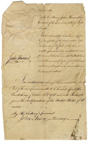 John Hancock Document Signed as Governor of Massachusetts